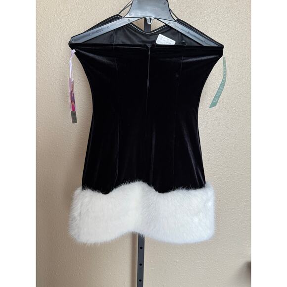 JC PENNY Black Velvet Strapless Mini Dress White Faux Fur Hem Size 5 NWT - Picture 5 of 5